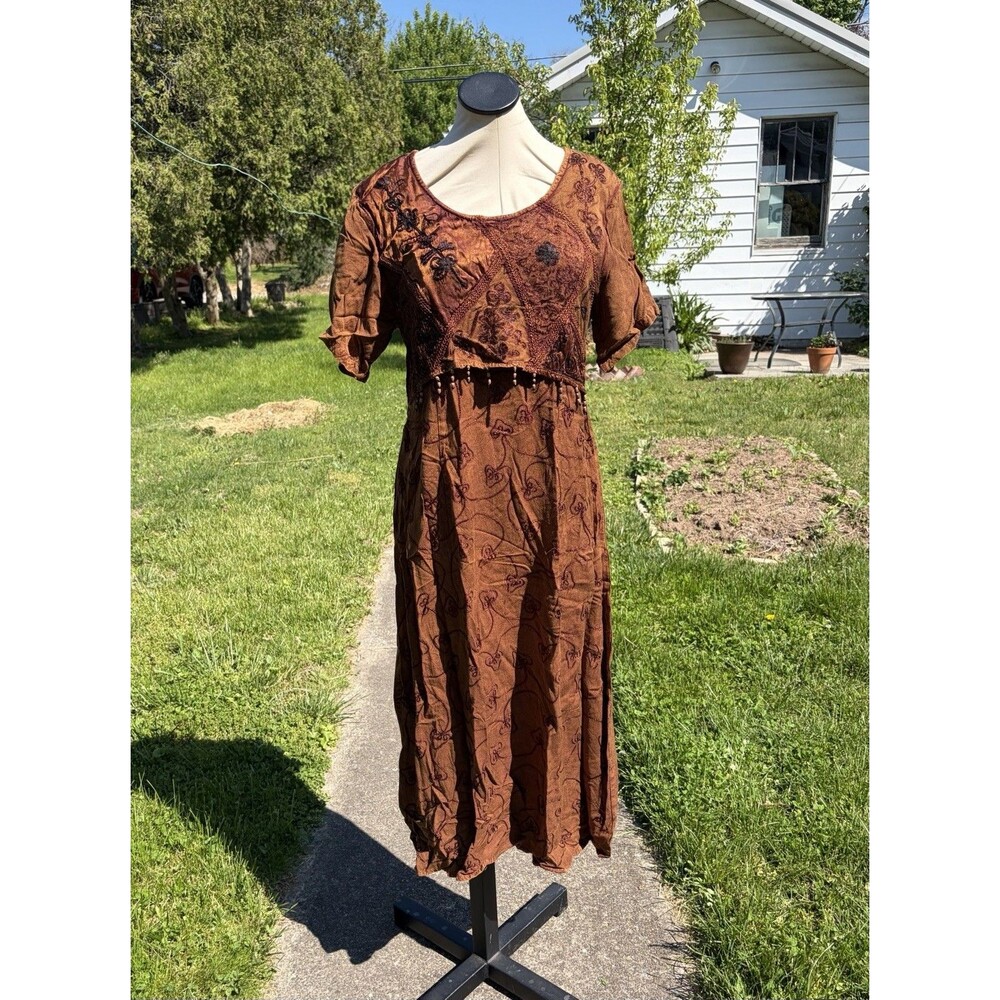 Vintage M.P.H. Brown Embroidered Beaded Boho Hippie Maxi Tie Back Dress Sz L